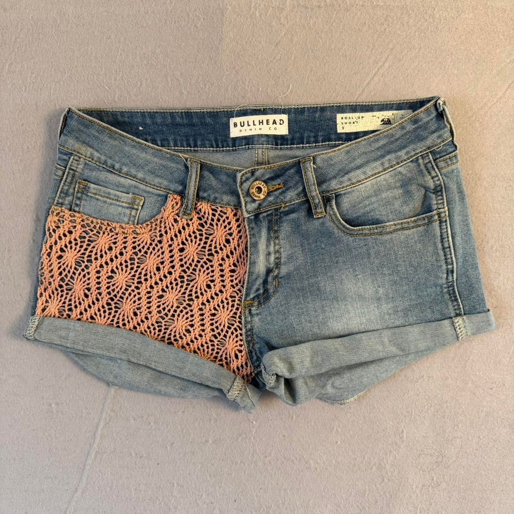 Bullhead Denim Co Pink Crochet Patchwork Denim Micro Shorts Light Wash 7